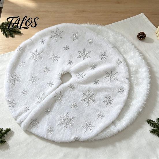 Winter Snowy Atmosphere Decor Plush Christmas Tree Skirt with Snowflake Embroidery & Sequins, Large Round Easy Install Base Wrap Mat for Holiday Home