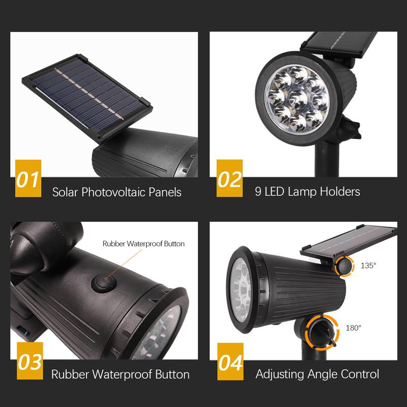 9 LEDs Solar Spotlights, Outdoor IP65 Waterproof, Spot Lights, Brightness Adjustable for Garden Backyard Driveway Patio Decor
