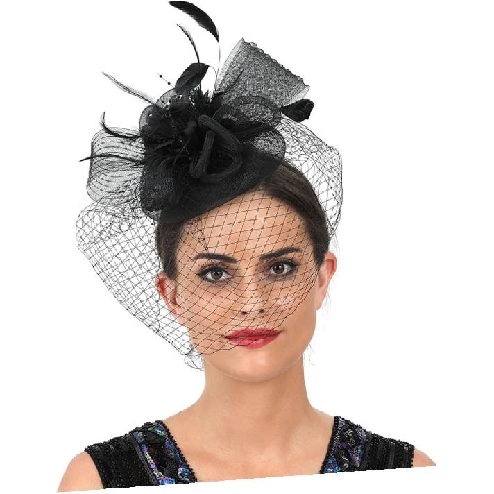 HOMSFOU Mesh Flower Headband with Plume Detail Clip for Women Tea Party Wedding Cocktail Special Occasion Accessories Black