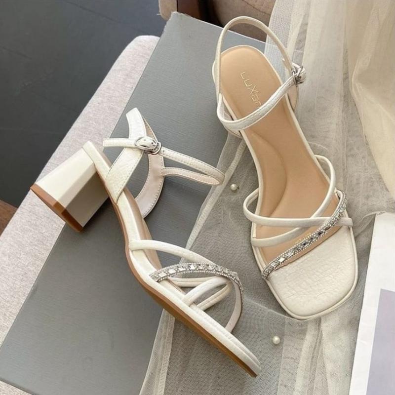 Melting Brown Women S Summer cryStal Strap Mid Heel SandalS 2 colorS
