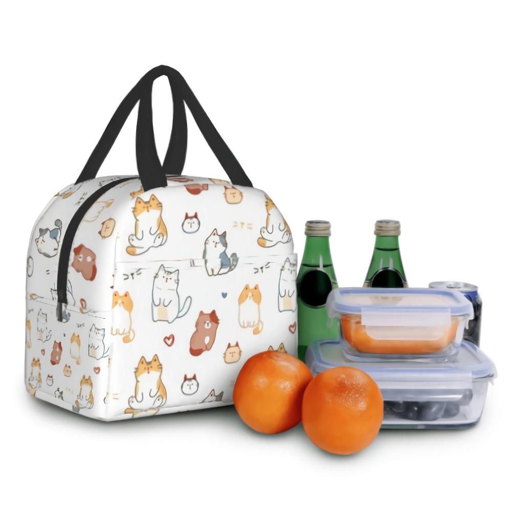 Cartoon Cat Design Portable Insulated Lunch Bag Waterproof Cute Kitten Animal Pattern Tote Bento Bag Lunch Tote