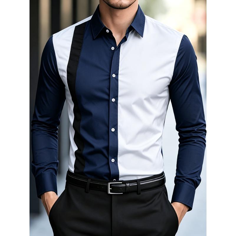 Men's Color-Block Long-Sleeved Button-Up Shirt, Notched Lapel Patchwork Formal Business Suit Shirt