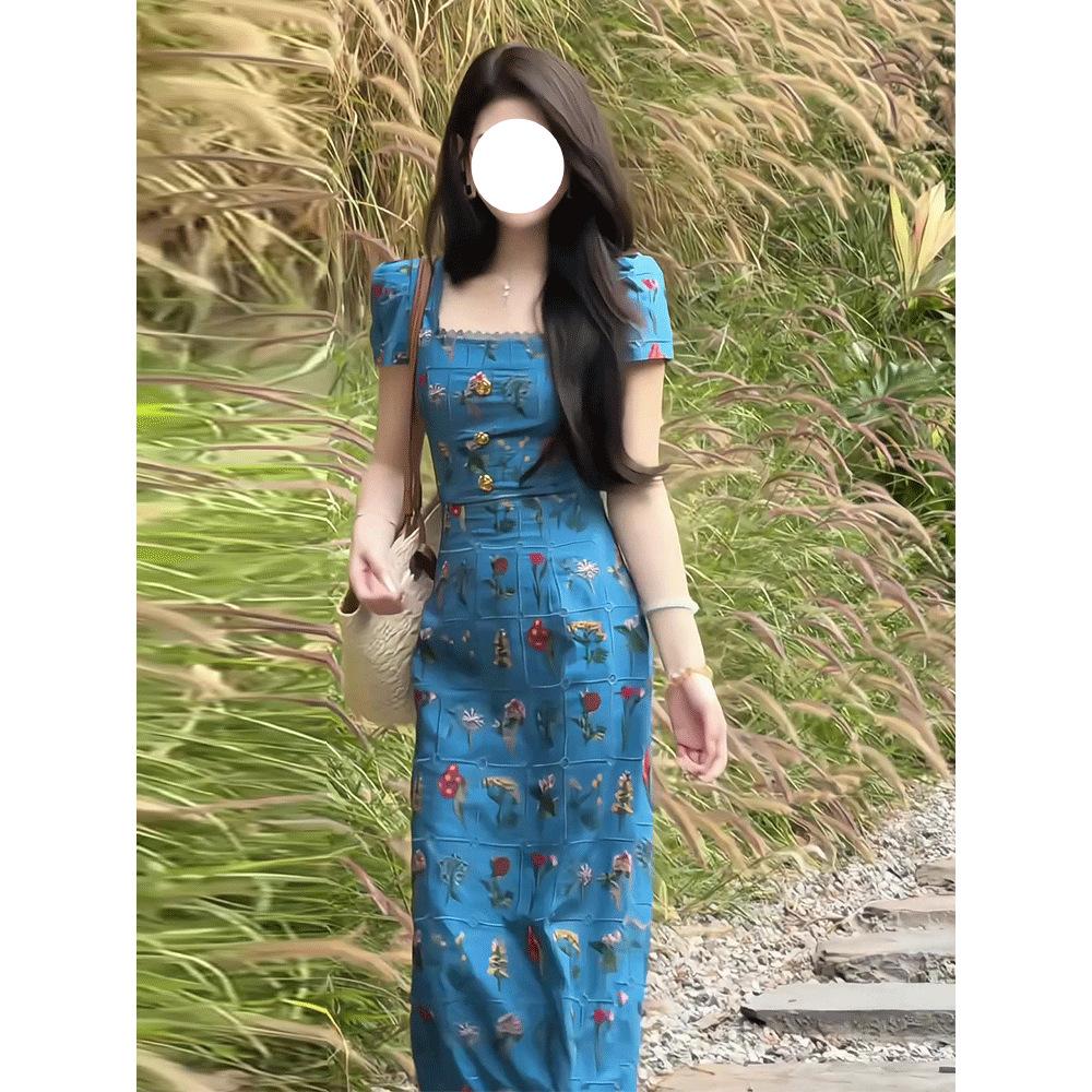 Heavy Industry High-end Blue Long Dress. Retro Square Neck Dress Women's Summer New Break