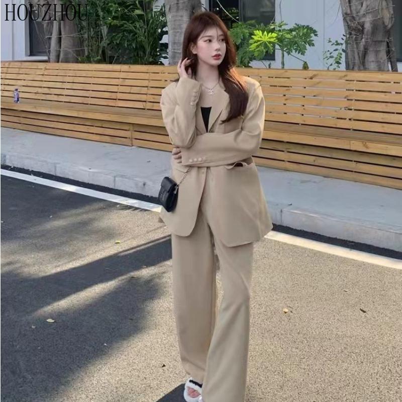 HOUZHOU Базовые костюмы женские винтажные элегантные офисные деловые корейские свободные зеленые брюки с высокой талией и широкими штанинами