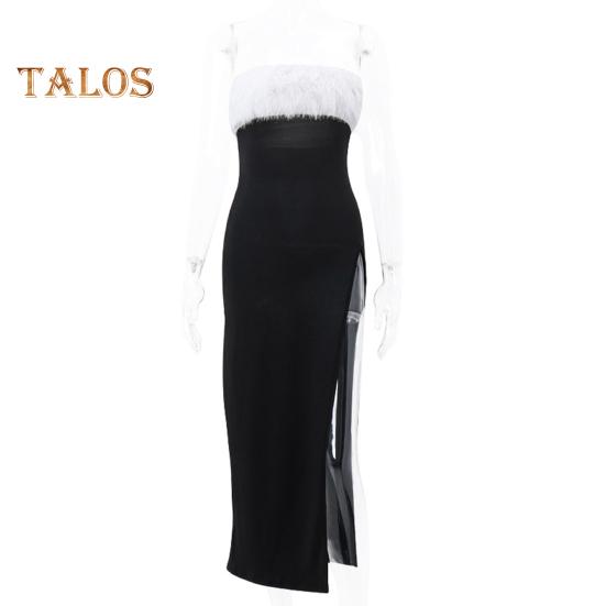 Женское вечернее платье с открытыми плечами, без рукавов, без спинки, без воротника, бандо, пушистый искусственный мех, декор, разрез сбоку, коктейльное вечернее платье-макси, выпускной, топ-платье