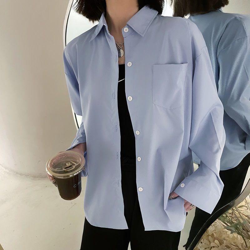 WTEMPO Брендовые студентки с длинными рукавами, свободные солнцезащитные кремы, длинная корейская версия свободной рубашки, модные повседневные женские топы с баской, темпераментные женские топы