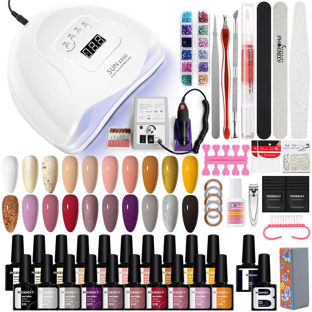 Набор гелей для ногтей PHOENIXY, профессиональный дизайн ногтей с УФ-светодиодной лампой 80 Вт, дрель для гель-лака для ногтей, набор инструментов для удаления лака для ногтей, набор инструментов для маникюра