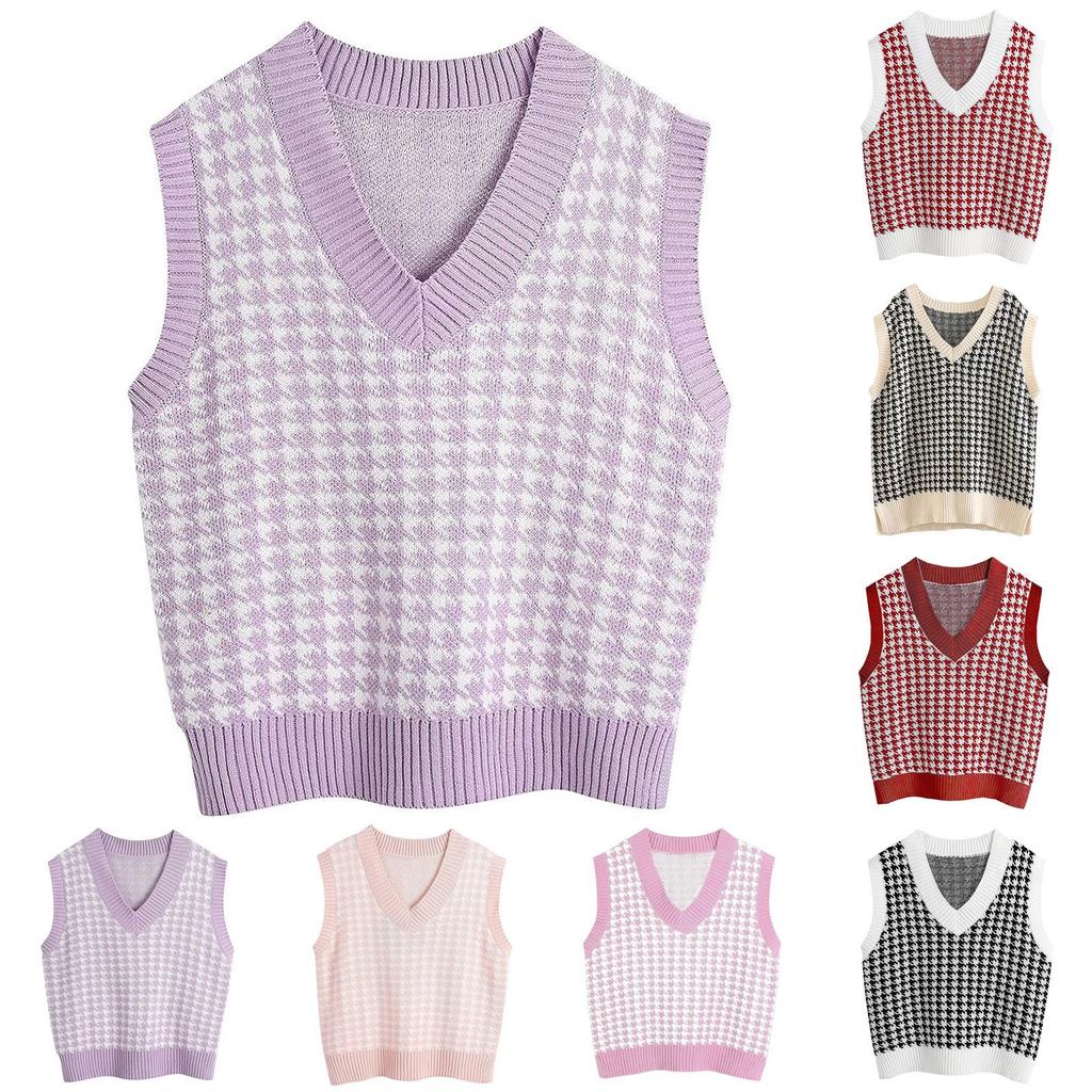 Women's Casual V-Neck Pullover Shirt Collision Color Sleeveless Sweater Vest