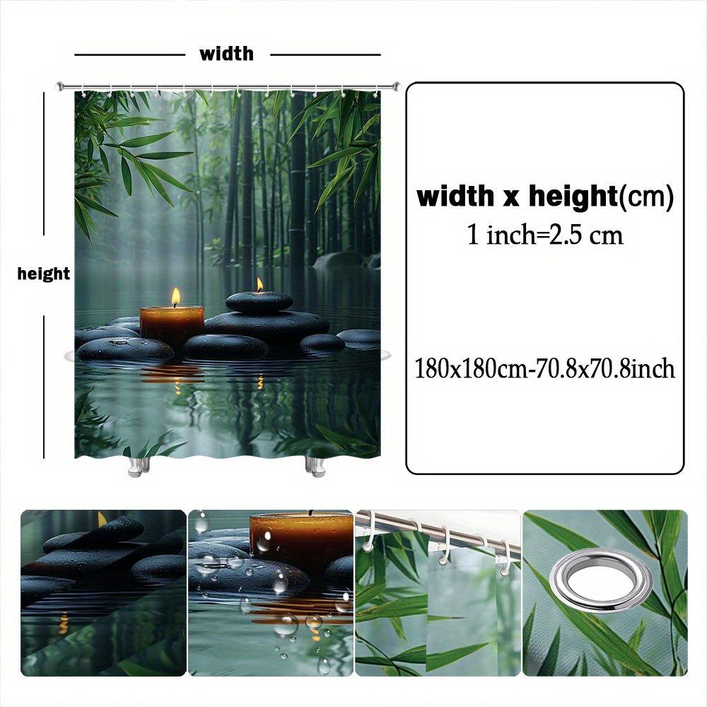 Soothing Bamboo Forest Shower Curtain for a Zen Bathroom, Featuring Tranquil Water, Stones, and Candles. This Serene