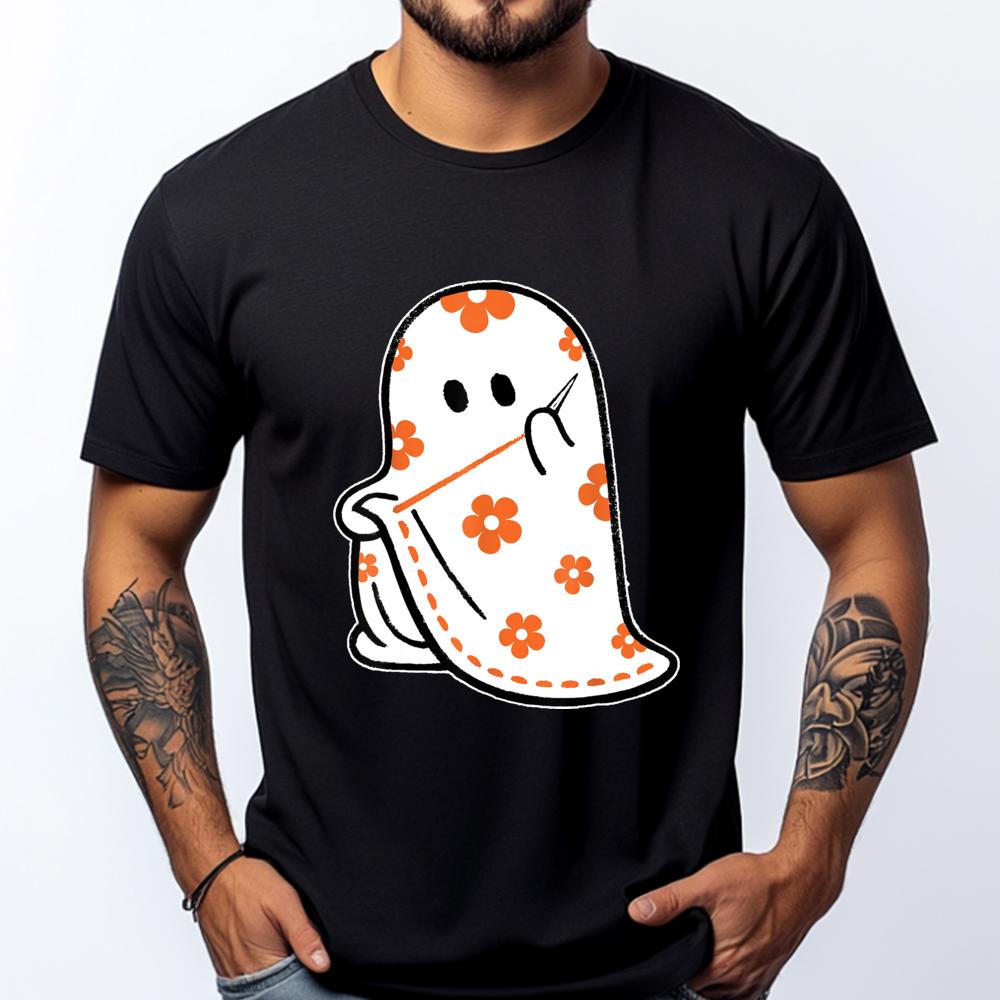 Halloween Costume Sewing Ghost Boo Funny Sewing Lovers Women White Graphic Tee Natural Tops Alphabet