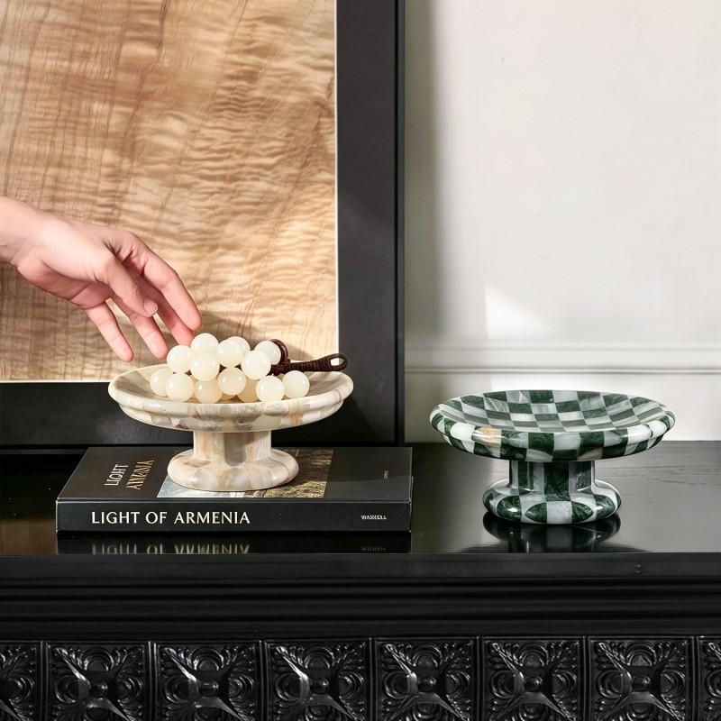 Nordic Vintage Marble Serving Tray With Checkerboard Design Fruit Dessert Storage