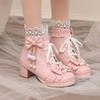 2025 New Women's Sweet Lolita Cosplay Mary Janes Ankle Boots Round Toe Platform Pearls Bowknot High Heels Pink Princess Shoes 47