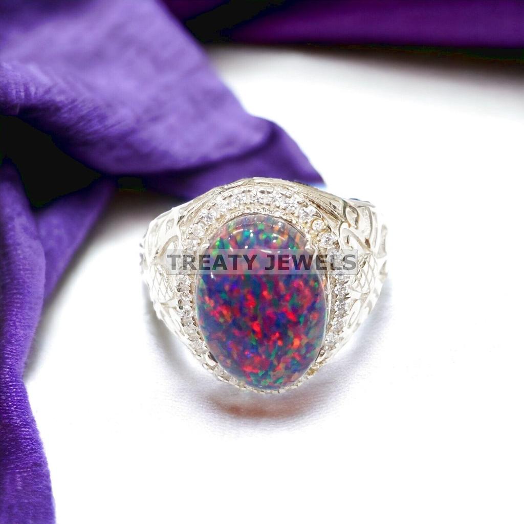 Black Opal Oval Cut Gemstone With 925 Sterling Silver Ring For Men's #272 JL375577072870