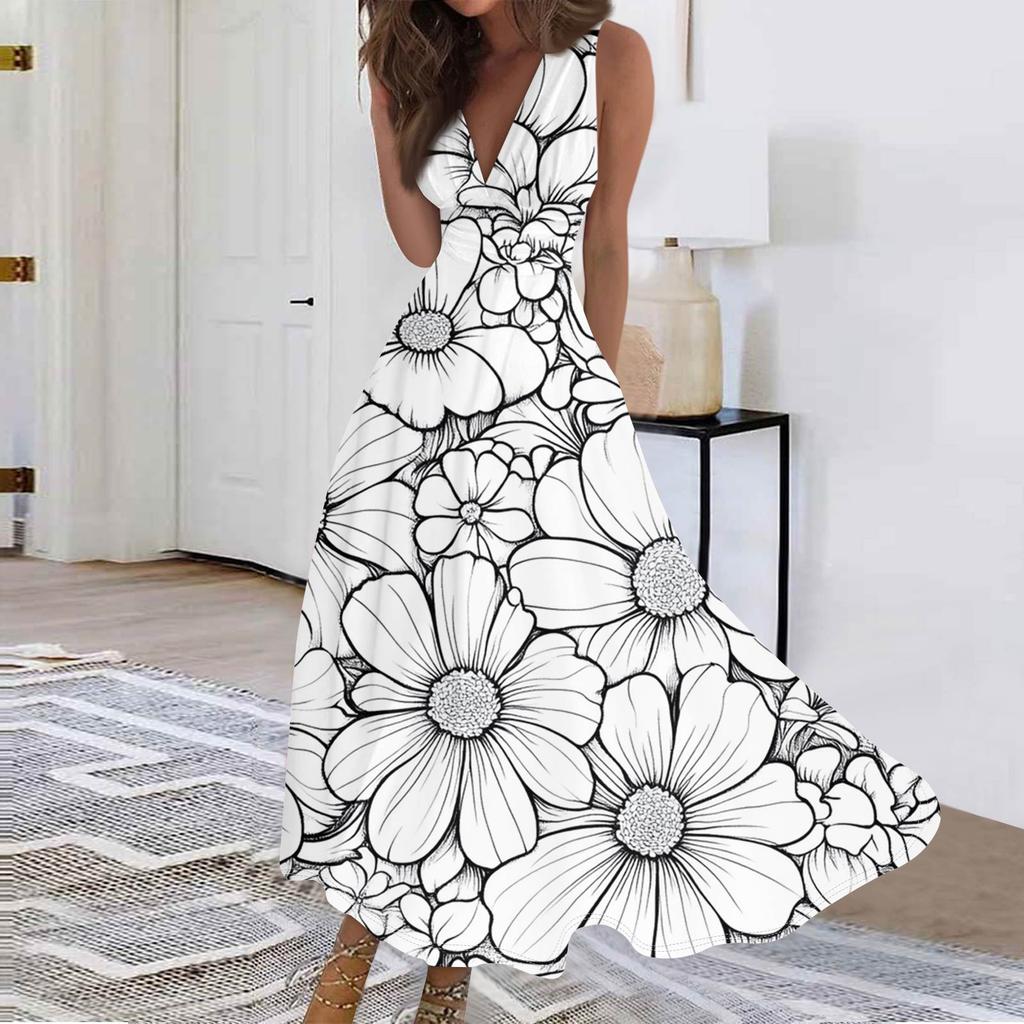 Женские модные повседневные свободные платья с V-образным вырезом без рукавов с принтом