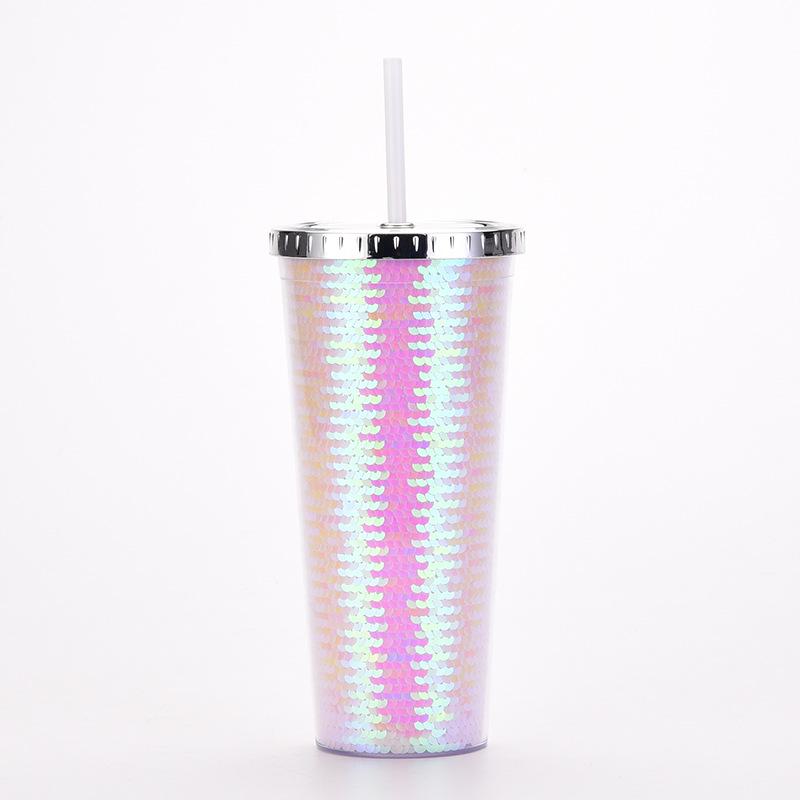 Double-Layer Plastic Cup, Sequined Straw Cup, Straight Cup, Summer Cold Drink Water Cup Can Be Determined