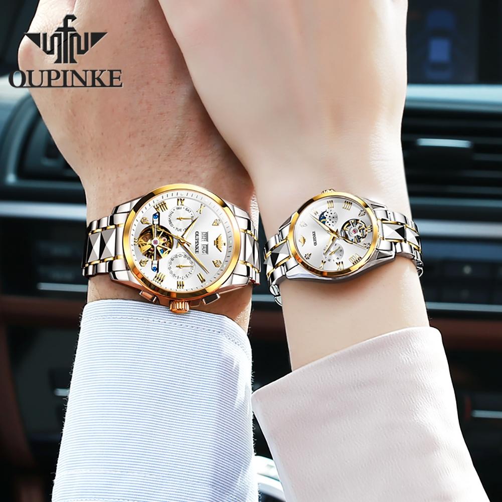 OUPINKE Official Genuine Couple Watches for Men Women Tungsten Steel Skeleton Flywheel Automatic Mechanical Watch Set for Lovers