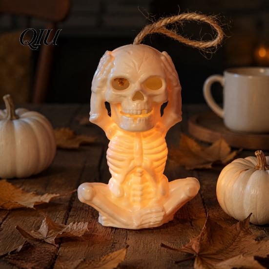Flameless Candle Figurine Halloween Skeleton Decoration with LED Light, Spooky Lighted Plastic Skull Ornament Rope for Haunted House Home Party Decor