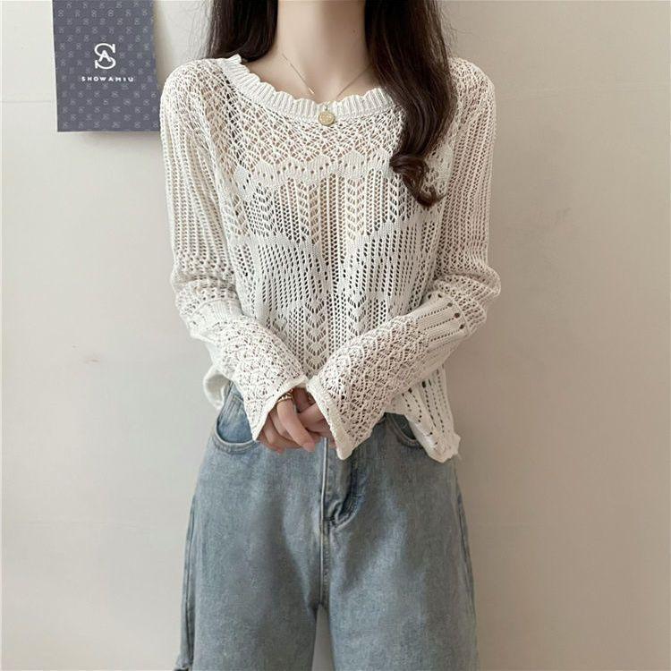 Spring Hollow Sunscreen Knitted Long-sleeved T-shirt Women's Loose Short Versatile Top Solid Color Thin Blouse