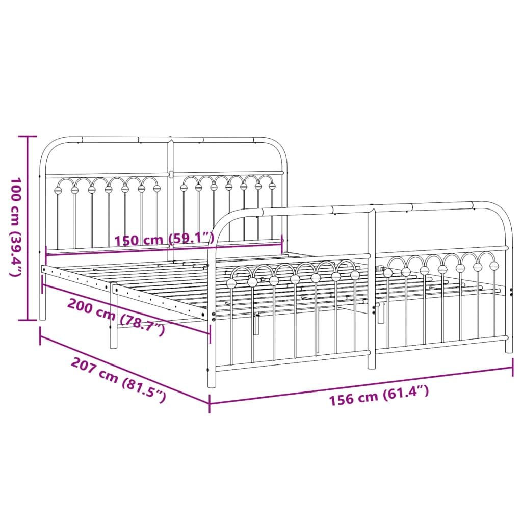 Metal Bed Frame with Headboard and Footboard Black 150x200 cm