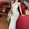 Plain Polyester Sleeveless Knit Dress With High Waist For Business And Casual Looks