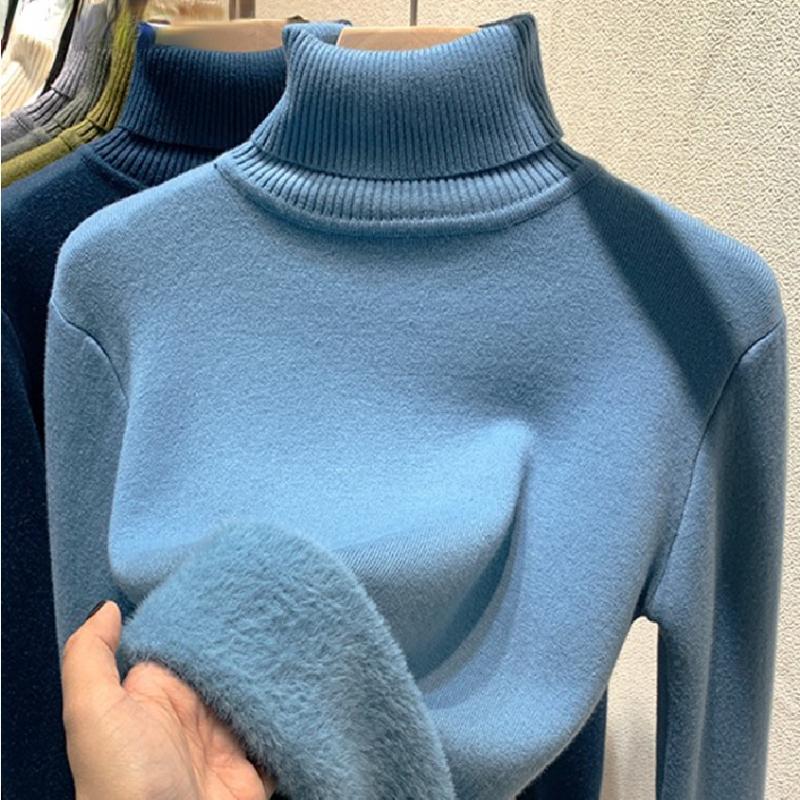 Корейский теплый свитер, пуловер, женский зимний тонкий утепленный плюшевый трикотаж на бархатной подкладке, джемпер, полуводолазка, поляры, мягкие вязаные топы