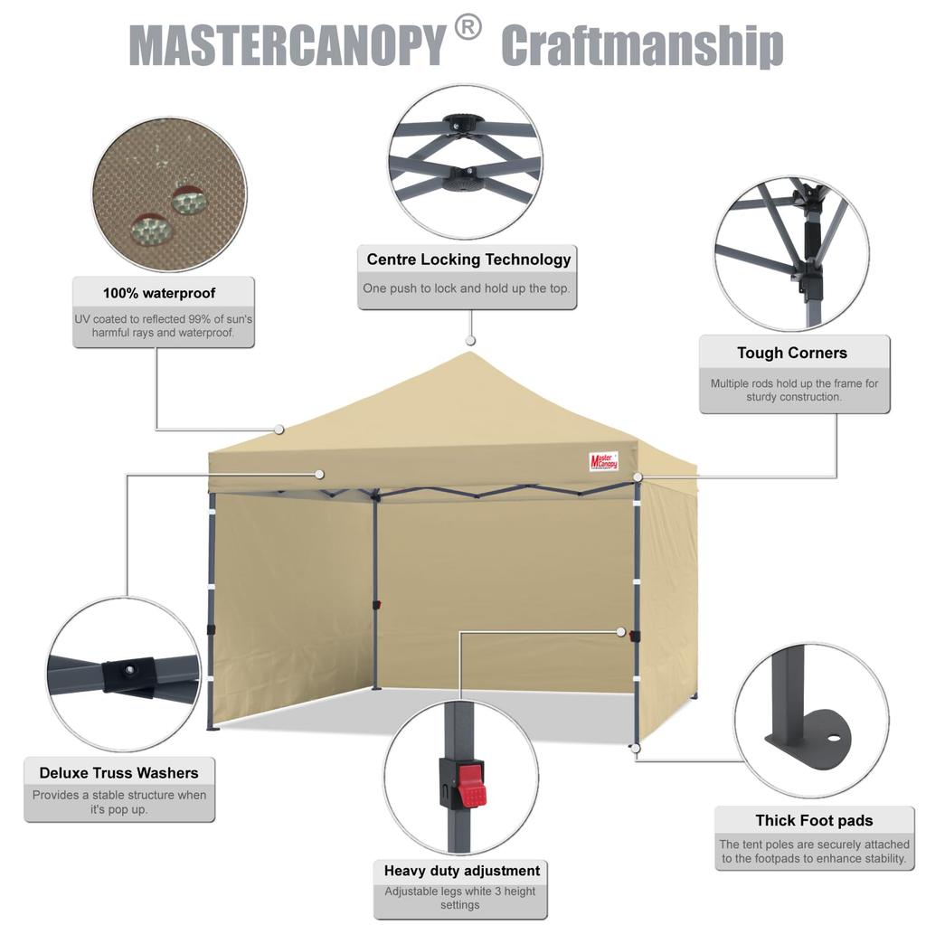 MASTERCANOPY Тент-палатка с одним касанием Боковая штора Боковой лист Набор из 4 Стальной каркас Легко собирается Коммерческое использование на открытом воздухе (Сумка на колесиках, Колышек, Веревка, Груз