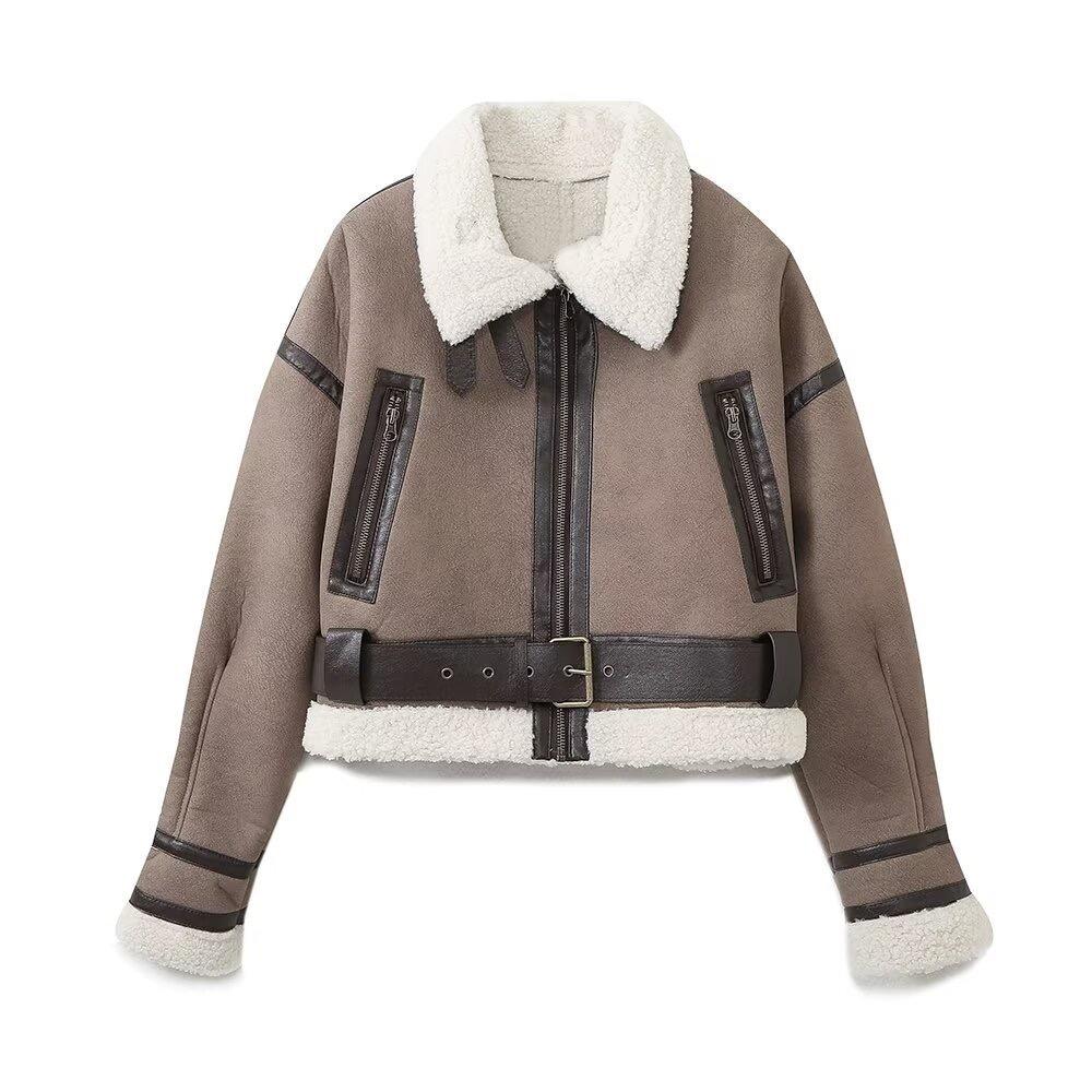 Женская мода толстая теплая искусственная овчина куртка пальто винтажная с длинным рукавом пояс подол женская верхняя одежда