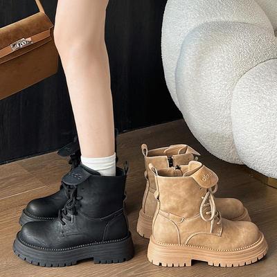 Женские ретро мотоботы на толстой подошве - 2025 Осень/Зима Британский стиль Увеличивающие рост Короткие рабочие ботинки
