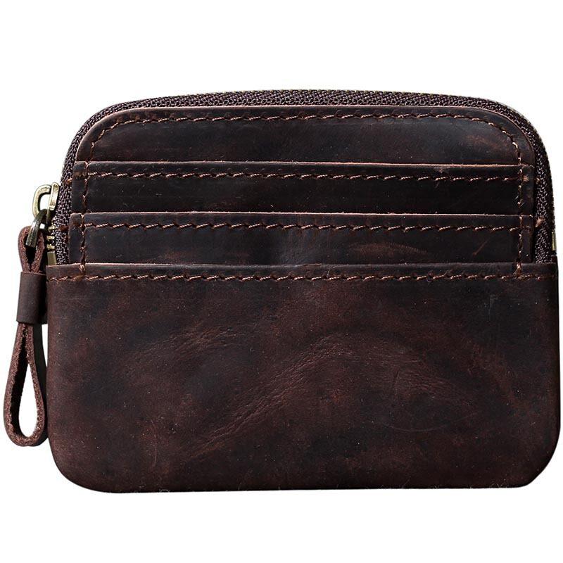Многослотовое ретро кофейное ручной работы из кожи Crazy Horse мужское дизайнерское портмоне на молнии для монет и кредитных карт, маленькие кармашки