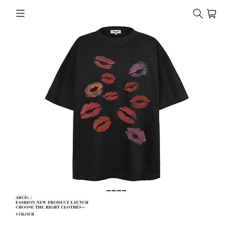 Loose Print Short Sleeve Summer Pure Cotton Gram Lip Print Men'S And Women'S Trendy Brand Heavy T-Shirt 250 Spoof