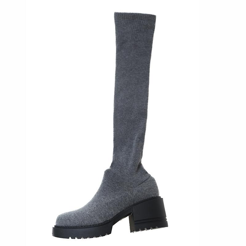 Fashion Women's Shoes Autumn/winter Thick Soled Knitted Long Boots Womens New Knee Length Elastic Socks Bootsround Toe High Heels Boots