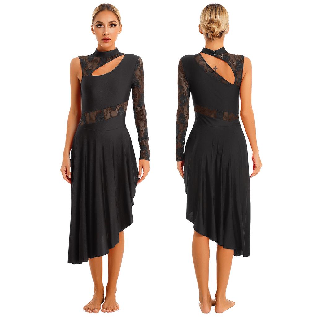 Женский танцевальный костюм, прозрачное кружевное лоскутное платье с вырезом на одно плечо, с длинным рукавом, платья с разрезом по бокам