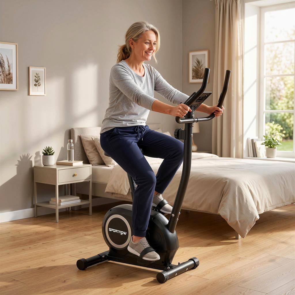 Exercise Bike Height-Adjustable Home Trainer with App Magnetic Resistance LCD Monitor Pulse Sensors Phone Holder