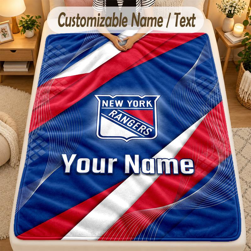 Flannel BlanketNew York Rangers Custom Name Text Personalized Soft Warm Throw Blanket Home Decor Gift