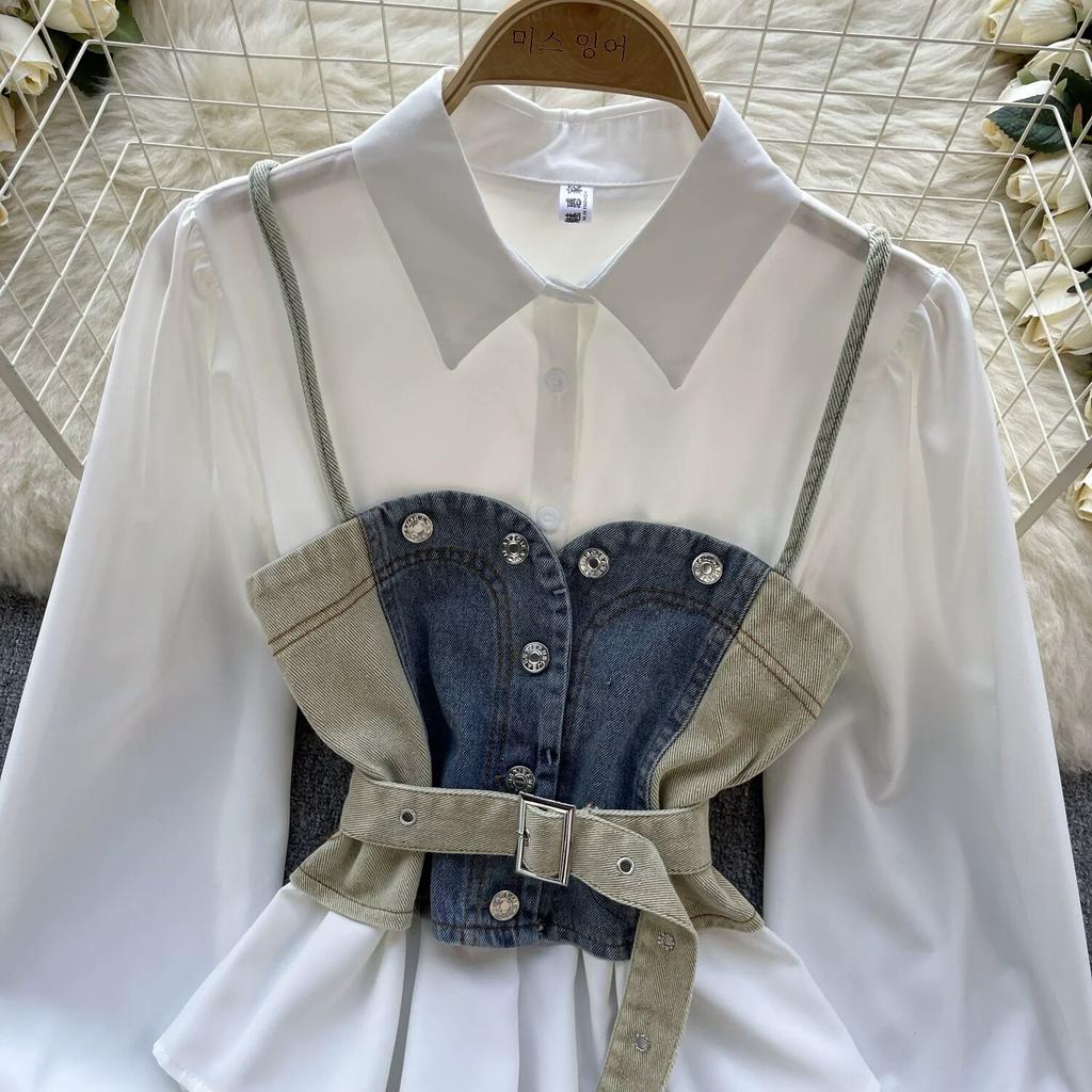 Korean Series Wear Age-Reducing Set Retro Denim Cami Stacked All-Matching Puff Sleeve Shirts Two-piece Set Top