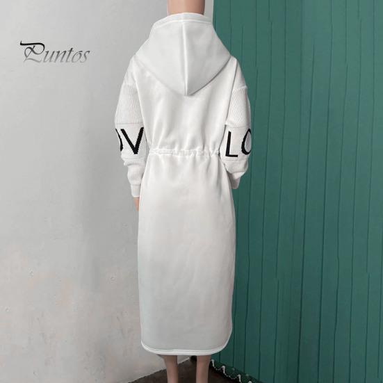 Женское зимнее пальто с капюшоном и боковыми карманами, лоскутное трикотажное пальто с рукавами, узором из букв, свободное, средней длины, с завязками на талии, однотонное пальто