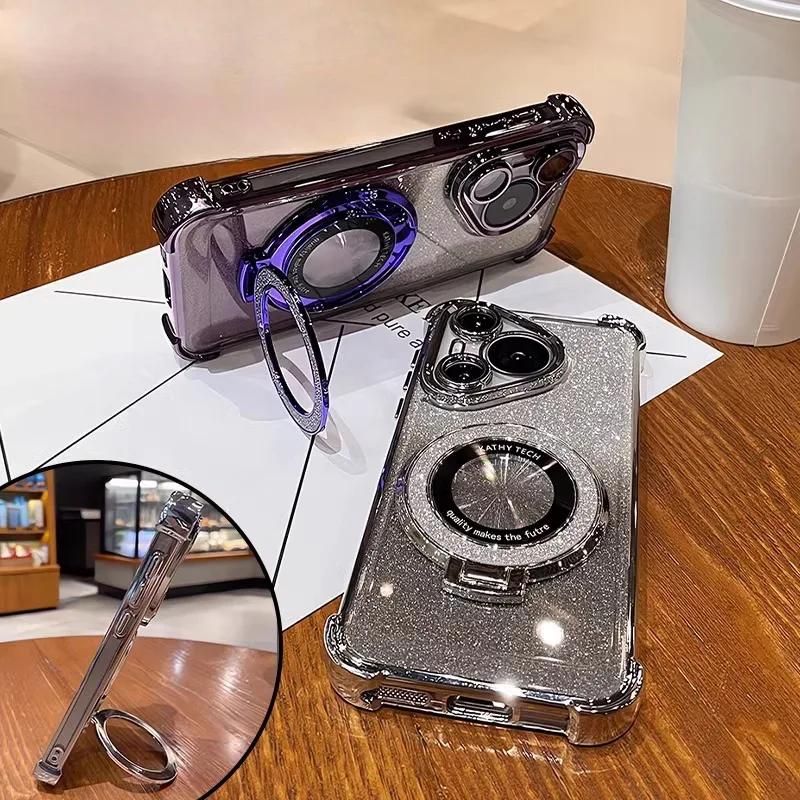 Luxury Glitter Holder Bracket Case For iPhone 17 Air 16 15 14 13 12 11 Pro Max 16 Plus Stand Shockproof Clear Soft Back Cover