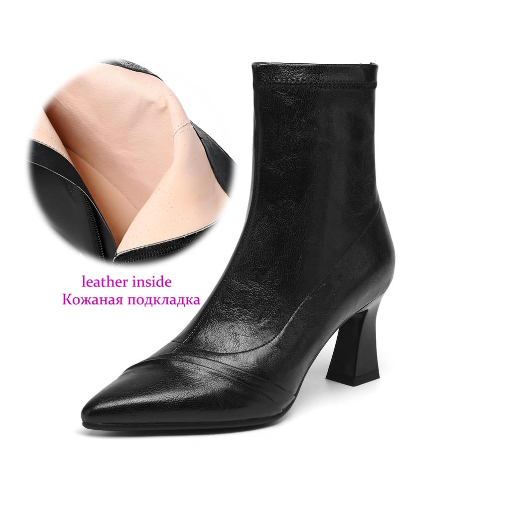 Krazing Pot Микрофибра Острый носок Тонкий высокий каблук Современные ботинки Размер 42 Молния Большой размер Женские Эластичные ботильоны