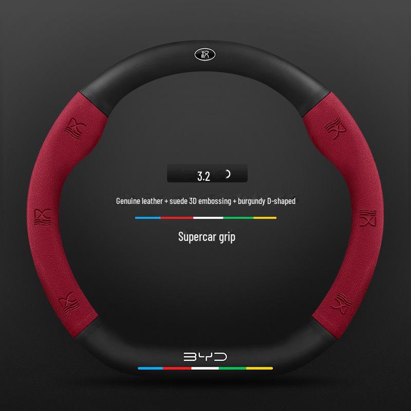 Compatible BYD Qin, Han, Tang, Song, Yuan E2 Destroyer Dolphin Leather Steering Wheel Cover with 3D Embossing