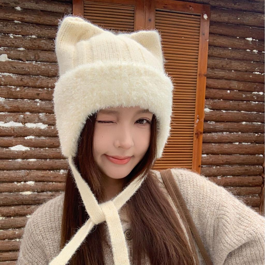 Cat Ears Plush Ear Hat Women's Winter Warm Knitted Hat Show Face Cute Sweet Wool Hat Autumn and Winter
