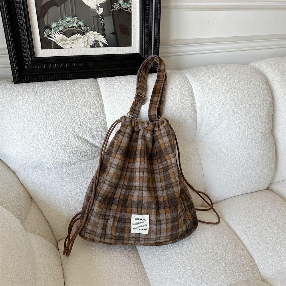 Большая вместимость клетчатая сумка на шнурке в корейском стиле Y2k школьный рюкзак в клетку на шнурке для девочек