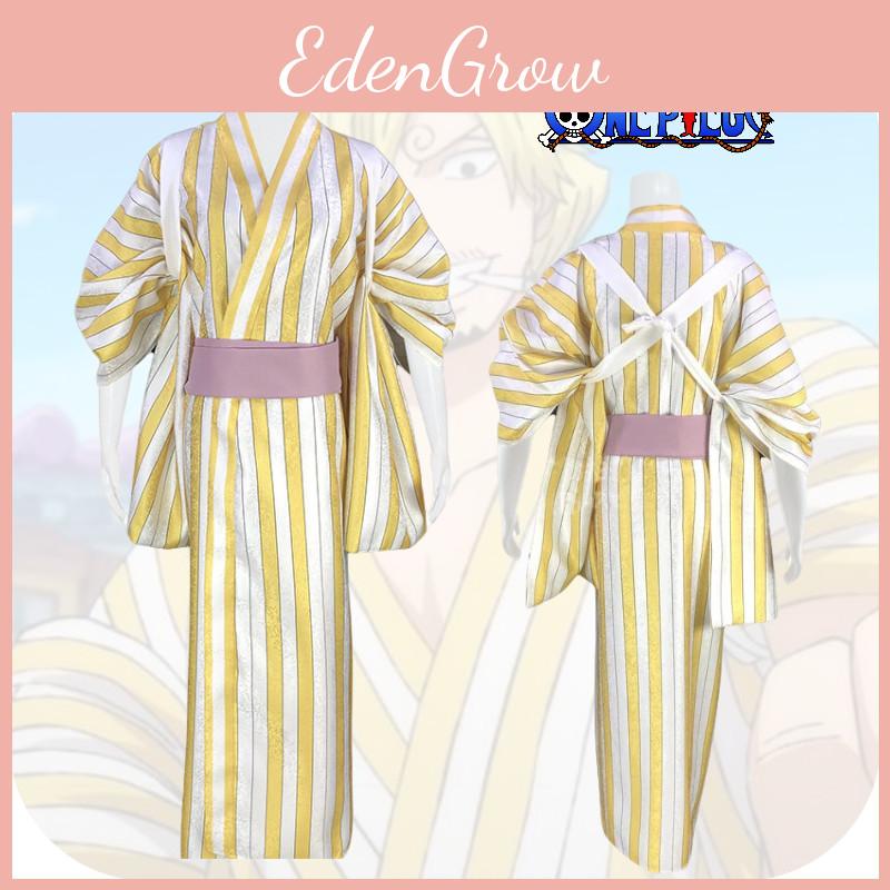 Высококачественный полиэстер Аниме Пират Зоро Косплей Костюм Желтое Полосатое Кимоно