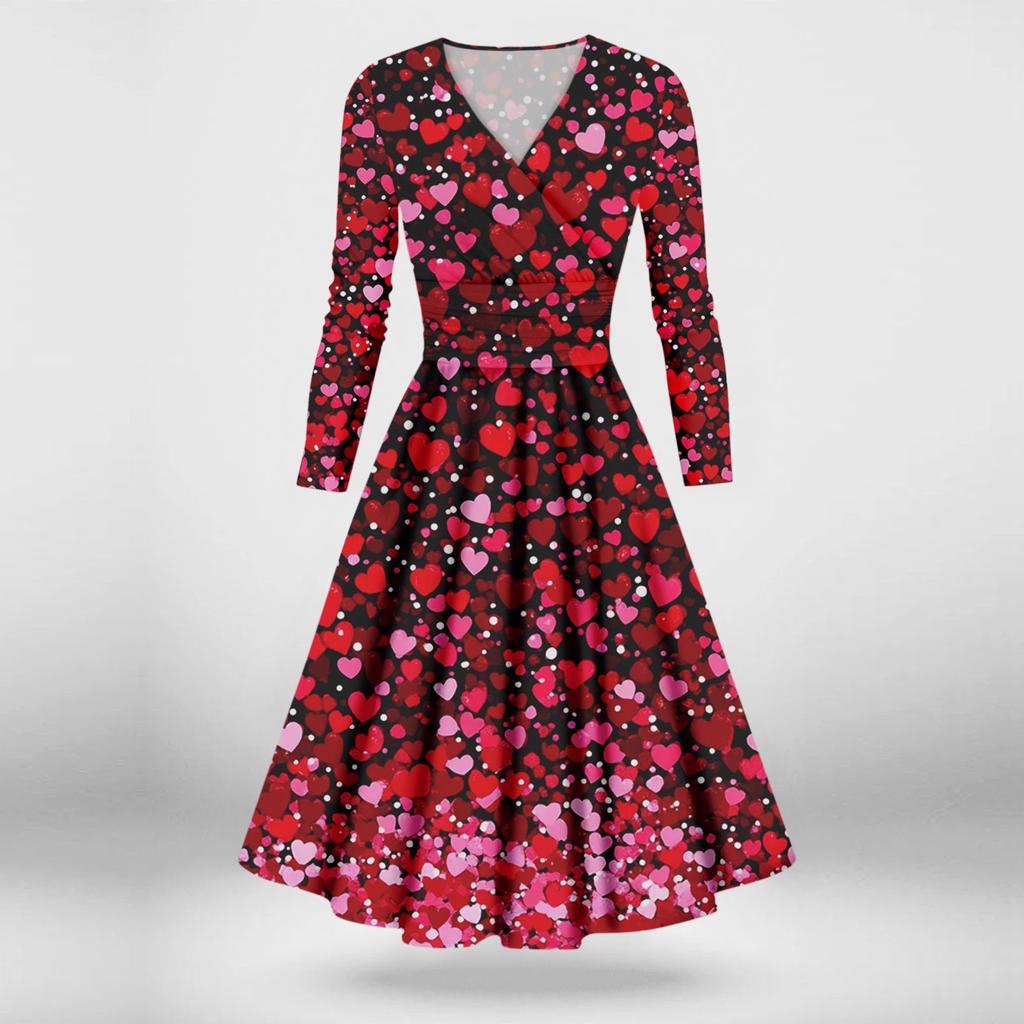 Женская мода повседневные платья на День святого Валентина с принтом, длинным рукавом и V-образным вырезом, сексуальные платья