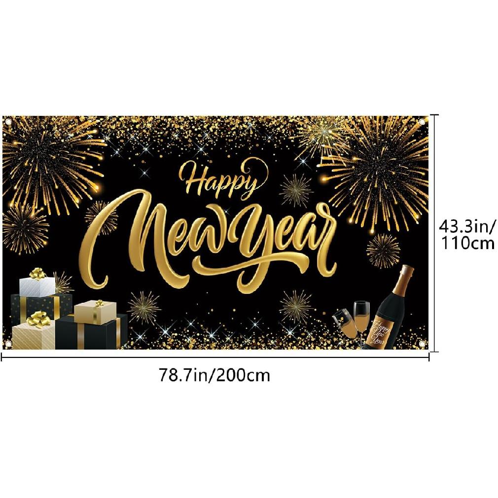 Happy New Year Backdrop Banner, Large Size 78 x 43 Inch Banner Black Gold Background Banners for New Year Party Decorations Celebration