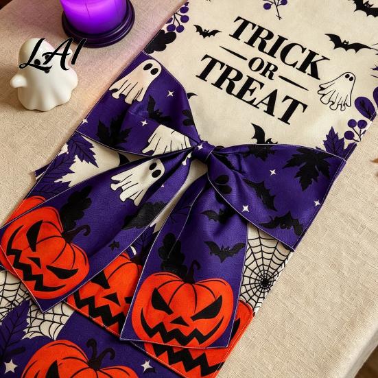 Holiday Themed Table Cover Halloween Runner with Bow Ghost Mushroom Pumpkin Skeleton Print Runner 13 Durable Polyester x 70 Inch Spooky Kitchen