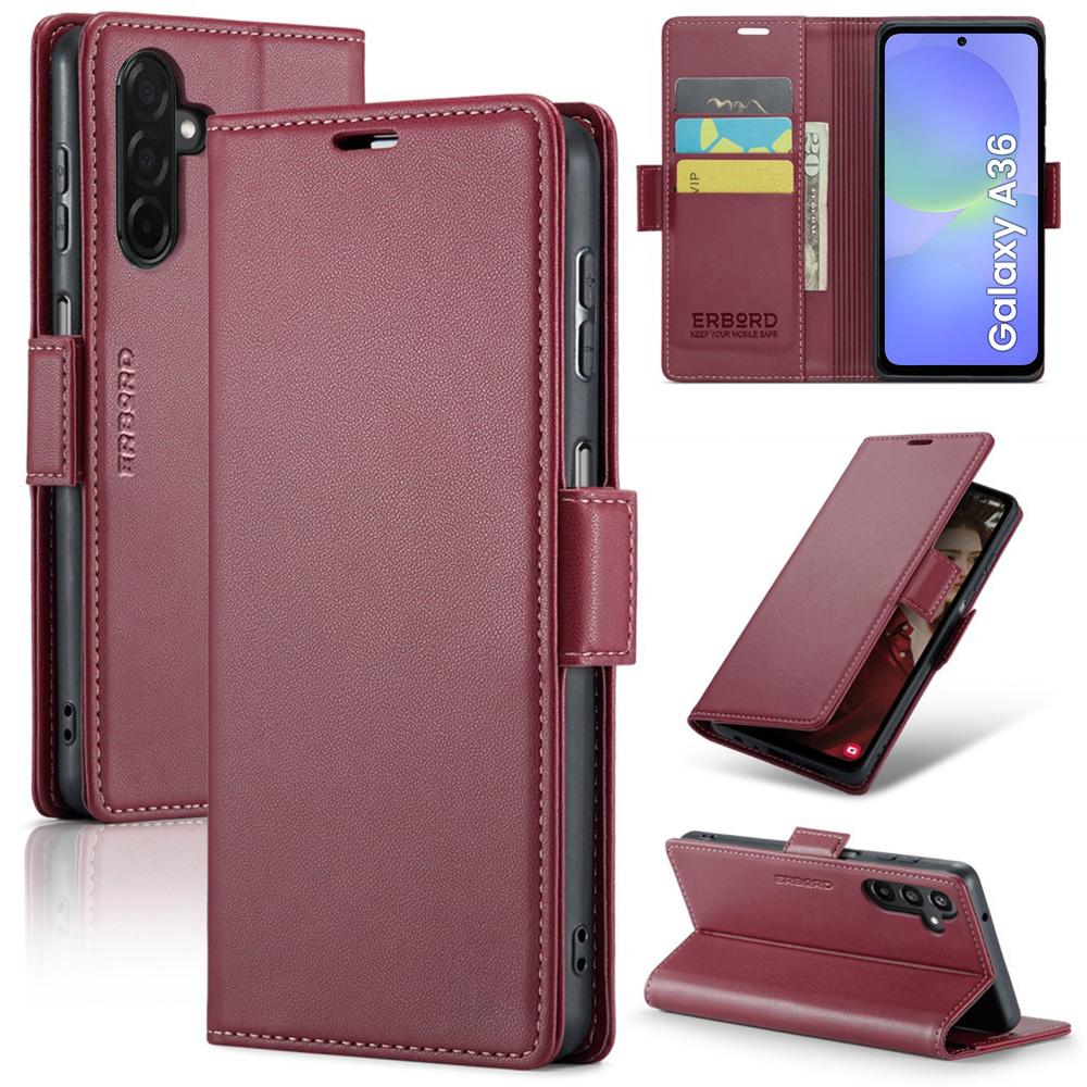 Samsung Galaxy A36 5G Case, ERBORD Glossy Litchi, Wallet with Flip, Red