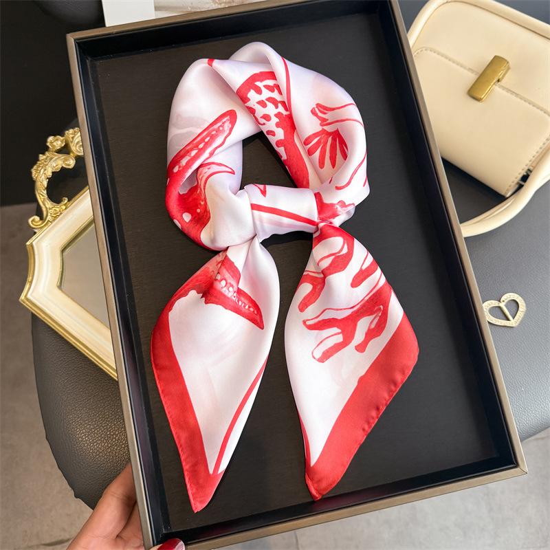 NEW Orange Silk Scarf Mermaid Pattern Neckerchief Women's Luxury Silk Square Shawl Purse Scarf for Women Designer Silk Headscarf