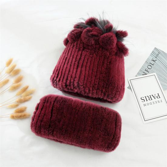 Knitted Women Warm Rex Rabbit Fur Hat Scarf Sets Winter Natural Rex Rabbit Fur Cap Scarves Russia Lady Fur Hats Muffler 2 Pieces