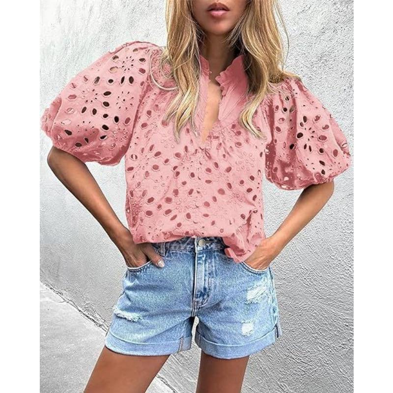 DAFIFY Women's Fashion Casual Summer Spring Solid Color Print 1/2 Sleeves V-Neck Blouses & Shirts
