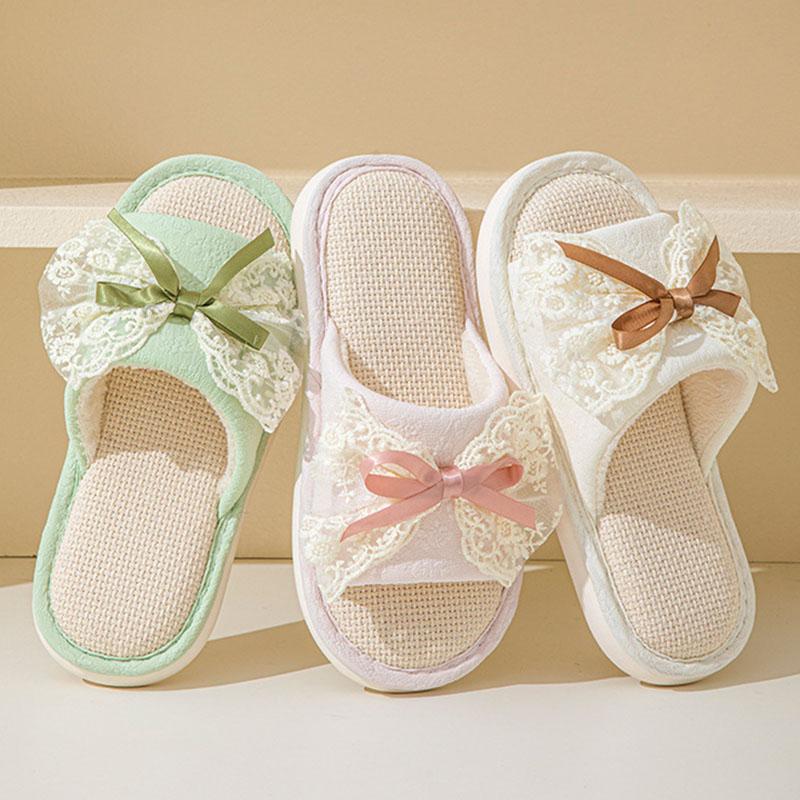 Модные милые кружевные банты для дома для тапочек женские мягкие подошвы легкие плоские домашние тапочки женские бесшумные нескользящие льняные тапочки для спальни